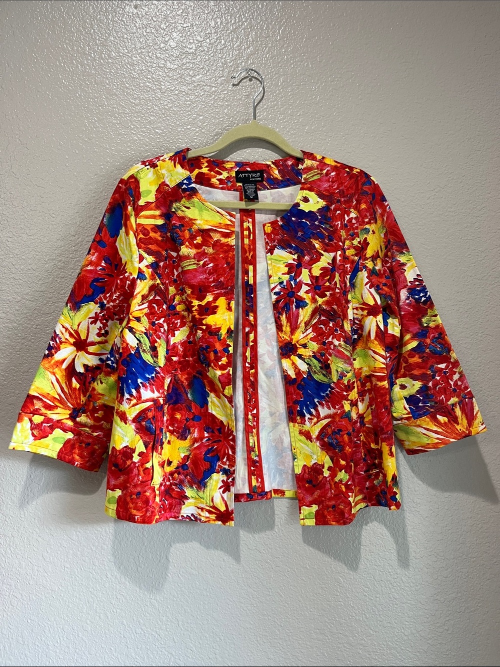 Attyre Open-Front Floral Jacket in Red, Yellow & Blue Sz M Colorful Office